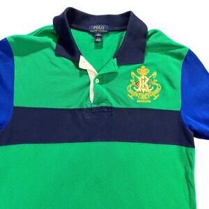 Polo Ralph Lauren Kids Rugby Shirt Green Blue Stripe Embroidered Crest XL 18/20